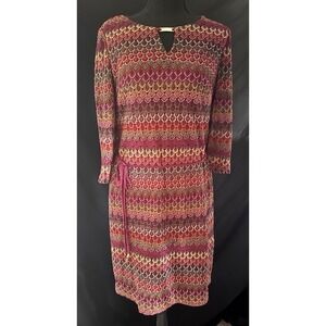 Studio One New York Chevron Knit Dress Womens 14 Berry Metallic 3/4 Sleeve Belt